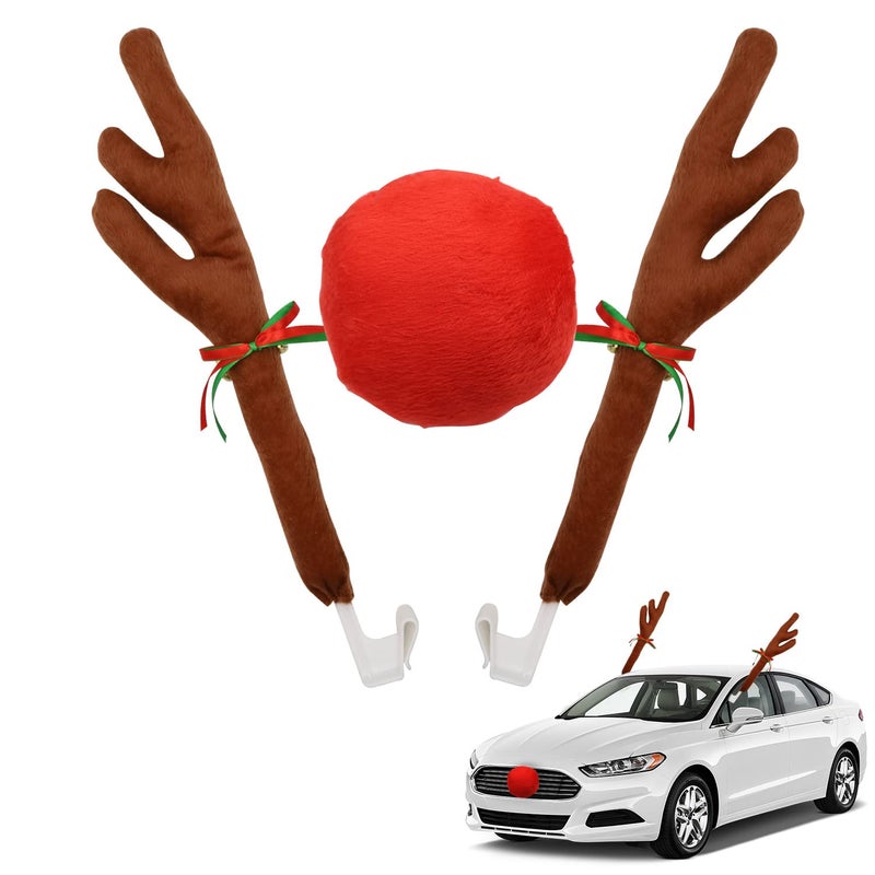 Abnaok Car Reindeer Antler Kit and Nose, Reindeer Christmas Decoration for Car Window Roof-Top & Front Grille,Christmas Reindeer Antlers Auto Decoration Set for Car SUV Van Truck - Image 1